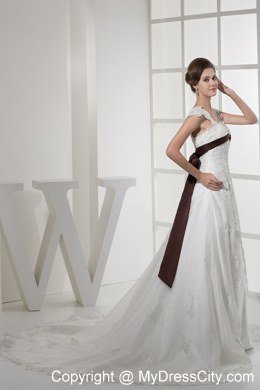 Square Neck Princess Lace Wedding Dress With Brown Sash