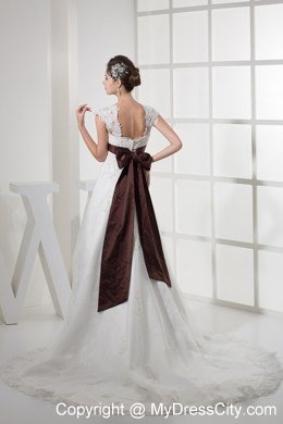 Square Neck Princess Lace Wedding Dress With Brown Sash