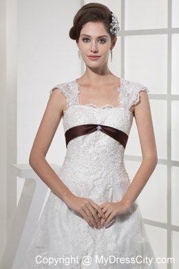 Square Neck Princess Lace Wedding Dress With Brown Sash