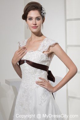 Square Neck Princess Lace Wedding Dress With Brown Sash