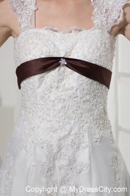 Square Neck Princess Lace Wedding Dress With Brown Sash