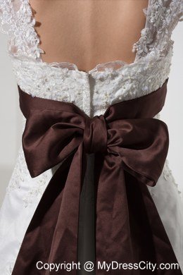 Square Neck Princess Lace Wedding Dress With Brown Sash