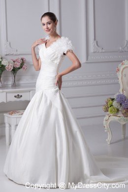 V-Neck Short Sleeves Ruches Bridal Dresses for Garden Wedding