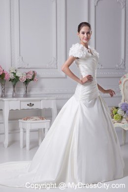 V-Neck Short Sleeves Ruches Bridal Dresses for Garden Wedding