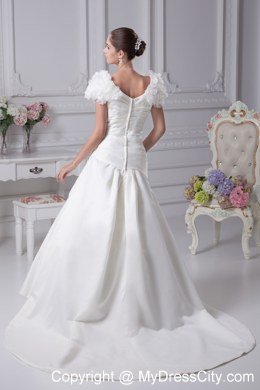 V-Neck Short Sleeves Ruches Bridal Dresses for Garden Wedding