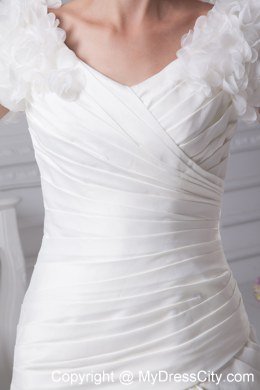 V-Neck Short Sleeves Ruches Bridal Dresses for Garden Wedding