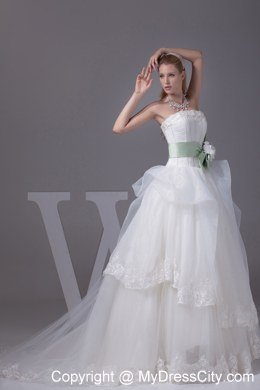 Lace Sash Flowers Wedding Gowns with Ruffled Layers in 2013