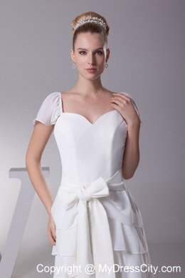 Ruffled Layers Sash V-neck Cap Sleeves Wedding Dress for Garden