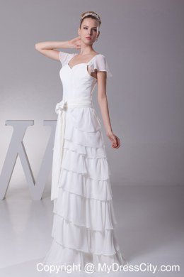 Ruffled Layers Sash V-neck Cap Sleeves Wedding Dress for Garden