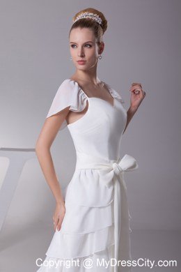 Ruffled Layers Sash V-neck Cap Sleeves Wedding Dress for Garden