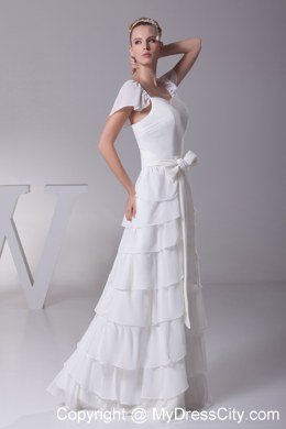 Ruffled Layers Sash V-neck Cap Sleeves Wedding Dress for Garden