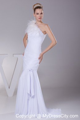 One Shoulder Mermaid Feather Wedding Dress for Beach Wedding