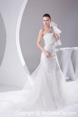 2013 One Shoulder Mermaid Sash Long Bow Wedding Dress