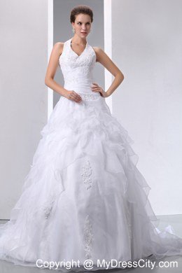 Elegant Halter Ruffled Layers Tulle Appliques 2013 Wedding Dress