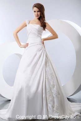 One Shoulder Taffeta Appliques and Ruches Wedding Dress