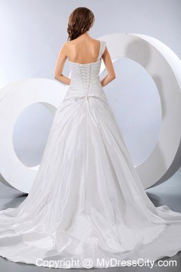 One Shoulder Taffeta Appliques and Ruches Wedding Dress