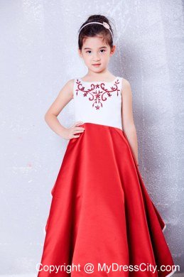 Taffeta White and Red Scoop Flower Girl Dress with Embroidery