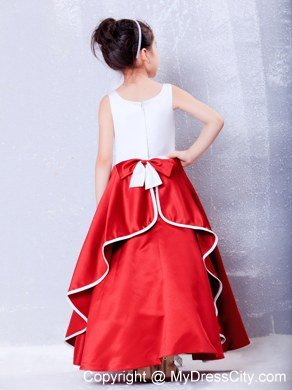 Taffeta White and Red Scoop Flower Girl Dress with Embroidery