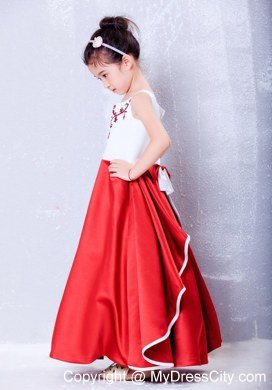 Taffeta White and Red Scoop Flower Girl Dress with Embroidery