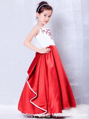 Taffeta White and Red Scoop Flower Girl Dress with Embroidery