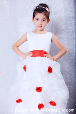 Hand Made Flower White and Red Flower Girl Dress in Scoop