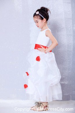 Hand Made Flower White and Red Flower Girl Dress in Scoop