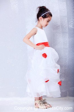 Hand Made Flower White and Red Flower Girl Dress in Scoop