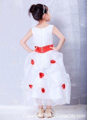 Hand Made Flower White and Red Flower Girl Dress in Scoop