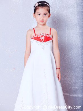 White and Red Ankle-length Straps Embroidery Flower Girl Dress