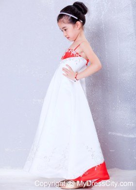 White and Red Ankle-length Straps Embroidery Flower Girl Dress