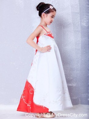 White and Red Ankle-length Straps Embroidery Flower Girl Dress