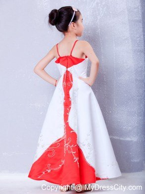 White and Red Ankle-length Straps Embroidery Flower Girl Dress