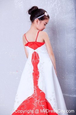 White and Red Ankle-length Straps Embroidery Flower Girl Dress