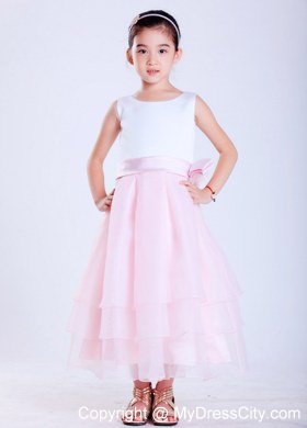 A-line White and Pink Ankle-length Flower Girl Dress Sashed