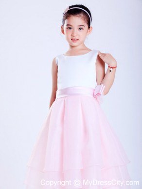 A-line White and Pink Ankle-length Flower Girl Dress Sashed