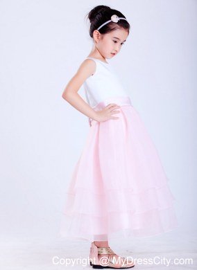 A-line White and Pink Ankle-length Flower Girl Dress Sashed