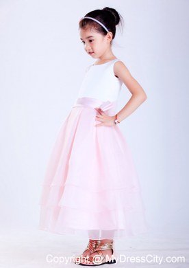 A-line White and Pink Ankle-length Flower Girl Dress Sashed