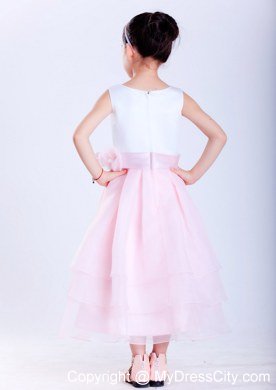 A-line White and Pink Ankle-length Flower Girl Dress Sashed