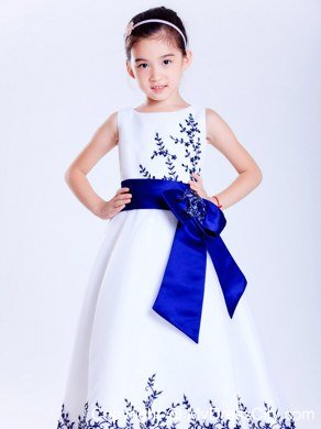 Satin Sashed Floral White Scoop Embroidery Flower Girl Dress