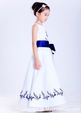 Satin Sashed Floral White Scoop Embroidery Flower Girl Dress