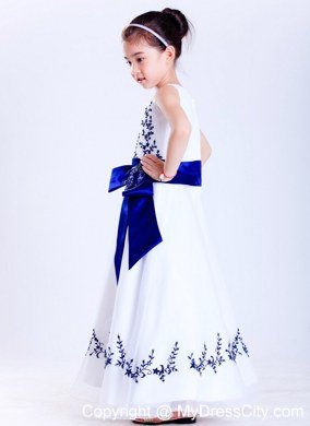 Satin Sashed Floral White Scoop Embroidery Flower Girl Dress