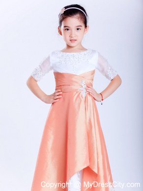 White and Orange A-line Scoop Flower Girl Dress with Appliques