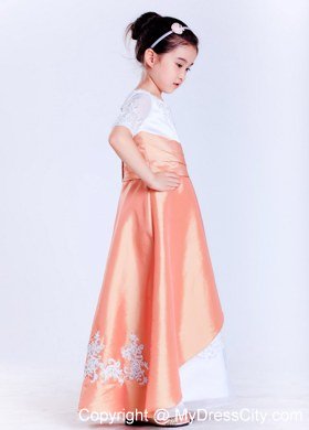 White and Orange A-line Scoop Flower Girl Dress with Appliques