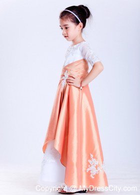 White and Orange A-line Scoop Flower Girl Dress with Appliques