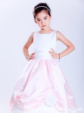 Ankle-length Scoop Taffeta Flower Girl Dress in White and Pink