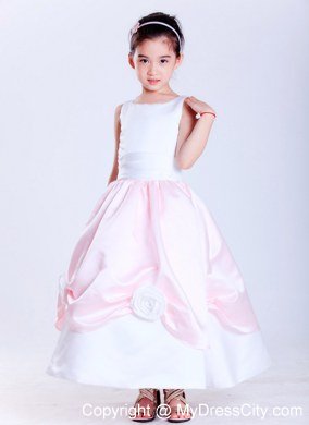 Ankle-length Scoop Taffeta Flower Girl Dress in White and Pink