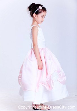 Ankle-length Scoop Taffeta Flower Girl Dress in White and Pink