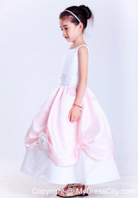 Ankle-length Scoop Taffeta Flower Girl Dress in White and Pink