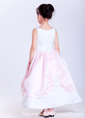 Ankle-length Scoop Taffeta Flower Girl Dress in White and Pink