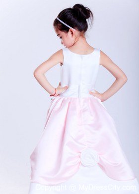 Ankle-length Scoop Taffeta Flower Girl Dress in White and Pink